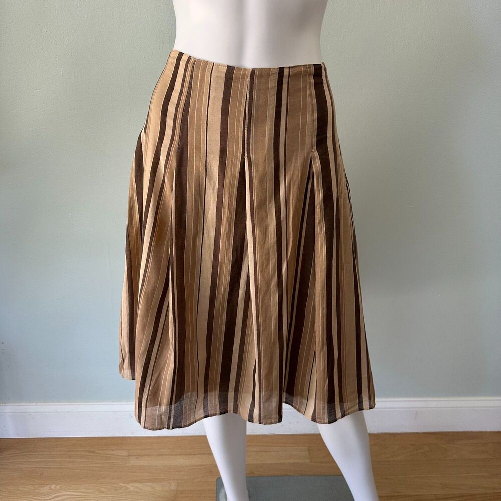 Vintage Brown Tan Striped Pleated Midi Skirt Womens Size 12 High Waist A Line